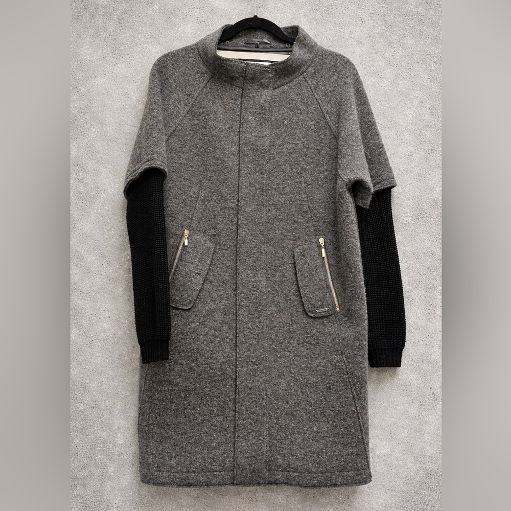 Saint James Boiled Wool Layered Long Jacket with Black Knit Sleeves